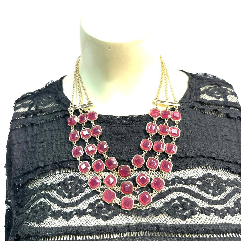 Gypsy Fuchsia Pink Gold Tone Multi Strand Tiered Statement Necklace Square Jewel - Picture 4 of 7